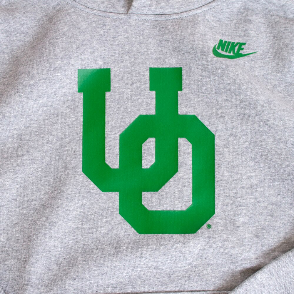 Youth Heather Gray Nike Club Fleece Green Interlocking UO Logo Hoodie